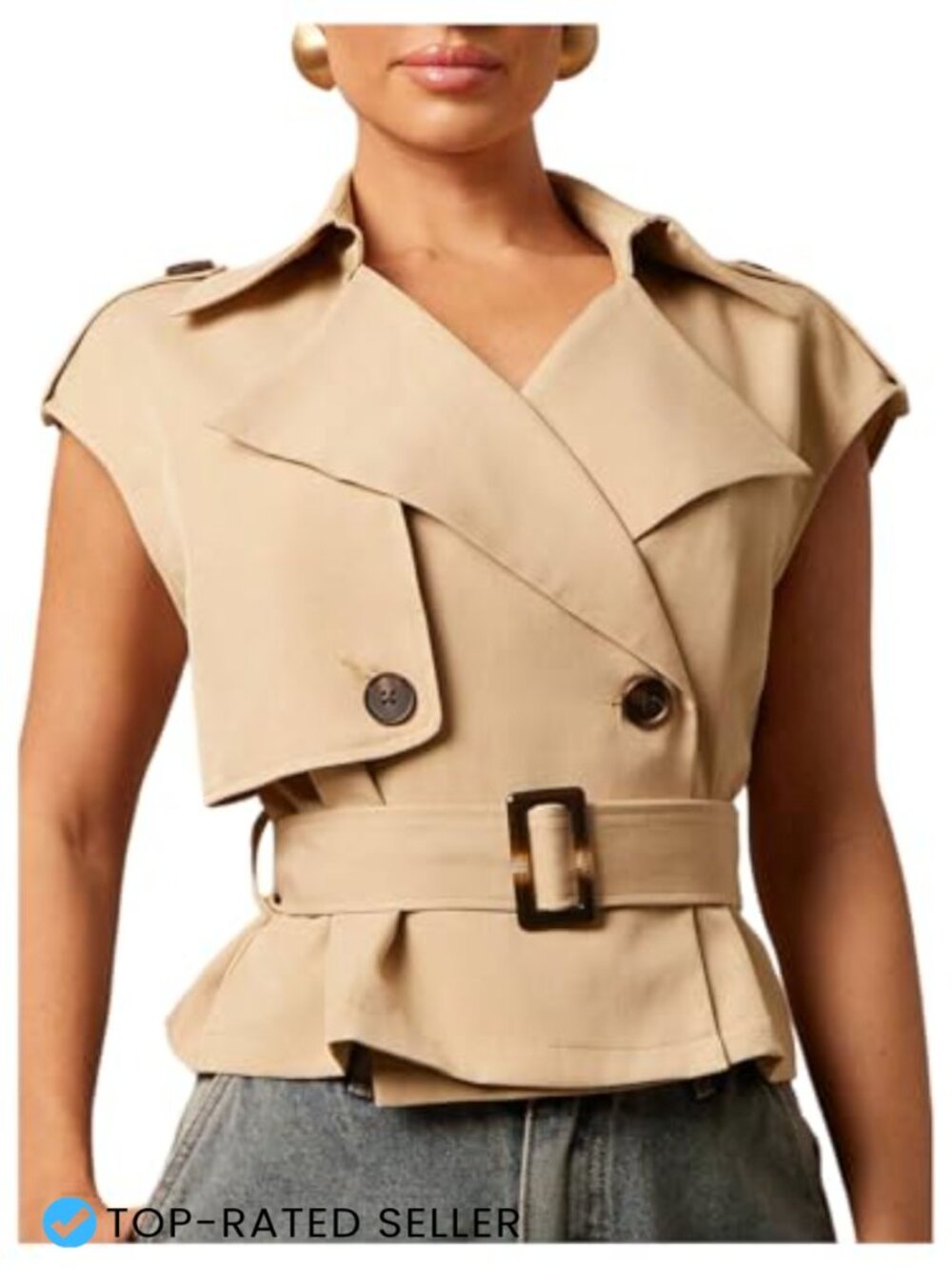 Women's Belted Sleeveless Trench Vest Coat Business Casual Lapel Vests